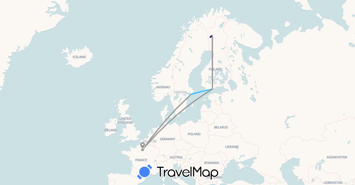 TravelMap itinerary: driving, plane, boat in Finland, France, Sweden (Europe)